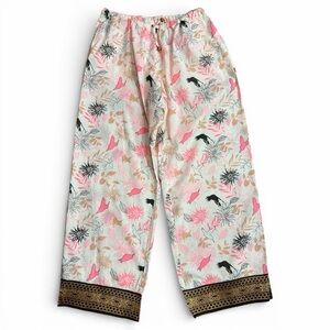 PUNJAMMIES Floral and Bird Print Pajama Pants with Black Accent Hem Size L